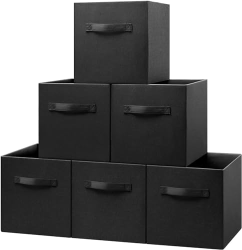 BinWhiz 6 Pack 28x28x28 cm Fabric Storage Organizer Bins, Foldable Cube Container Box for Shelves, Closet, Wardrobe, Bookcase, Drawers, Home Deco (Black)