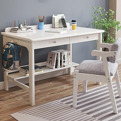 Moderner Schreibtisch mit Schubladen, Massivholz-Computertisch, Arbeitstisch, Arbeitsplatz (31 Zoll, weiß)
