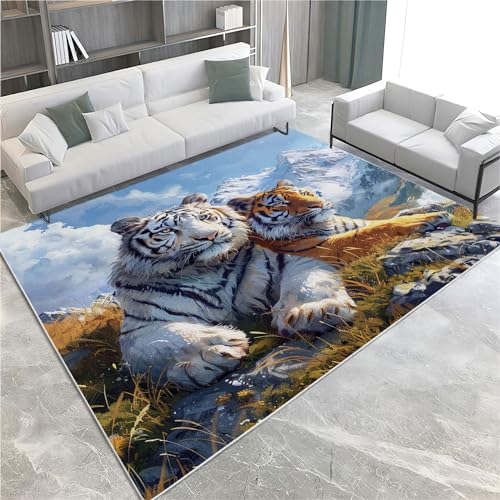 Quixora Tiger Mit Tiermotiv, WeißEr Tiger Teppich Gegend Waschbare Weich rutschfest Wohnzimmerteppich 160x230 cm, für Küchen Esszimmer Eingangsbereich Balkon Garten Terrasse
