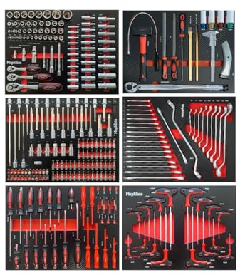 Mephisto 6 Werkzeugwageneinlagen Werkzeug wie Ratschen-Set, Steckschlüssel, Schraubendreher, Innensechskant T-Griff, Ringschlüssel, Drehmomentschlüssel und Felgennüsse in Soft Inlay mit Carbon Lock