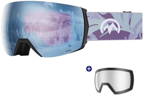OutdoorMaster Ultra Ski Goggles Lens by ZEISS, OTG Snowboard Goggles Anti-Fog Wide View, Magnetic Interchangeable Lens, Snow Goggles für Männer & Frauen(Frozen Blue Vlt 18% + Clear Lens)
