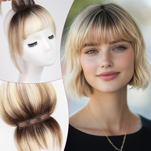 EMMOR Clip in Bangs, 100% Menschliches Haar Bangs mit 3-rutschfesten Clips, 360°Cover Top HairPieces mit 5-Zoll Wispy Fransen zur Verbesserung der Gesichtsmerkmale von Frauen(Ombre Bleach Blonde-1)