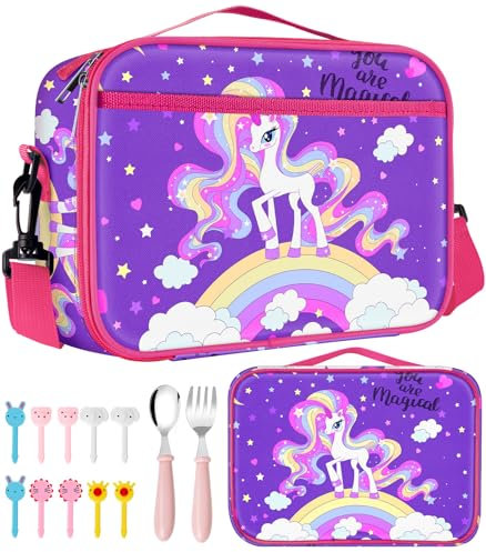Kids Lunch Bag Box for School - Insulated Lunchbox with Adjustable Strap for Girls Boys Children,Waterproof Lunch Box Travel Picnic 5.3L with Spoon Fork Food Picks for 4-14 Years Old（Cute Horse）
