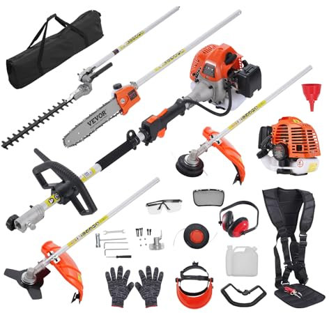 VEVOR Outils de Coupe Multifonctionnel 5 en 1, Taille-haie à gaz 26 CC, désherbeur, Taille-Bordure, Moteur Deux Temps, scie à Perche, tronçonneuse avec rallonge, Outils pour élagage arbuste Branche