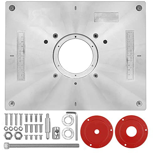 JDQTPOET Router Table Insert Plate, 300 X 235 X 9.5mm Aluminum Router Insert Plate DIY Router Table Insert Plate with 2 X Router Table Insert Ring and Screws for Wood Trimmer Router