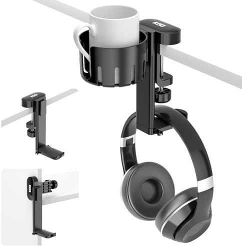 KDD Support Casque Audio sous le Bureau, 2 en 1 Porte Gobelet Bureau, Porte Casque Rotatif sous la Table, Organisateur de Table avec Organiseur de Câble pour Tasses, Gobelets, Casque Gaming, Noir