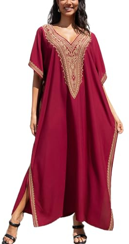 YouKD Broderad blommig rymlig kaftan boho strand bikini täcka upp klänning plusstorlek rock för kvinnor, J röd, en storlek