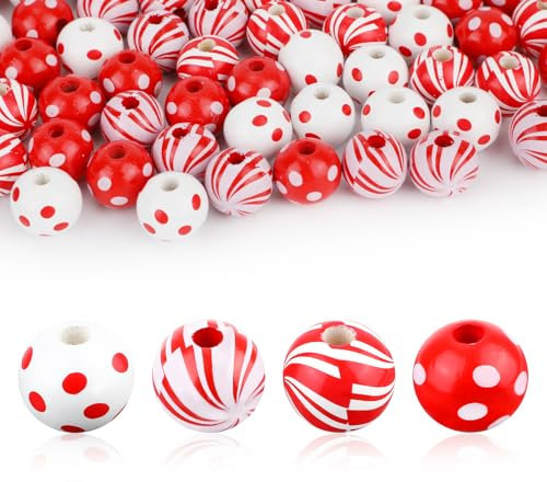 100 Stk Weihnachtsperlen, Rot Weiße Weihnachtsperlen aus Holz zum Basteln mit 1 Schnur Weihnachtsbastelbedarf Weihnachtsholzperlen zum Selbermachen Weihnachtsschmuck Sets