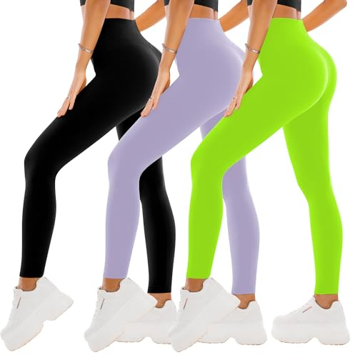 SINOPHANT 3 Pack Leggings for Women - High Waisted Buttery Soft Yoga Pants for Workout Athletic Sports, Black/Neon Green/Lavender, Small/Medium