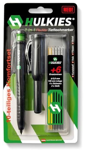 Hulkies 3-in-1 Tieflochmarker – 10-teiliges Profi-Set: Zimmermannsbleistift, Tieflochstift & Köcher – Markierstift für Handwerker inkl. 6 Ersatzminen & integriertem Spitzer