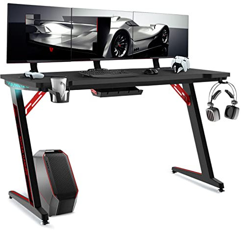 Scrivania Gaming LED 120x60cm, Scrivanie Gaming con Ganci per Cuffie e Porta Bicchiere, Tavolo PC Gaming Ergonomica, Postazione Gaming con Piano del Tavolo in Fibra di Carbonio, Facile Montare, Nero