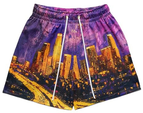 DIOTSR Pantaloncini da uomo con grafica skyline, casual, streetwear, alla moda, pantaloncini da basket, corsa, allenamento, pantaloncini con tasche, Skyline-viola, S