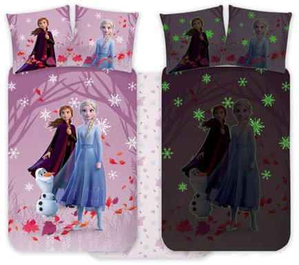 BrandMac Frozen Elsa & Anna Bettwäsche-Set für Kinderbett 100x135 cm & Kissenbezug 40x60 cm, 100% Baumwolle | nachtleuchtendes Bettbezug-Set für Kinder | Wendebettwäsche Set für Mädchen | Magisches