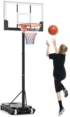 GYMAX Panier Basket Extérieur pour Enfants 3 Ans+, Hauteur 100 à 212 cm, Mobile avec 2 Roues, Base Stable Remplissable, Espace pour Rangement de Ball, Installation et Réglage Facile