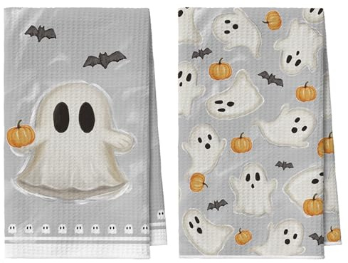 Artoid Mode Watercolor Geist Halloween 42x65 cm 2er Set Geschirrtücher | Saisonal Fledermaus Kürbisse Watercolor Kürbisse Polyester Küchentücher Handtücher Küche Dekor