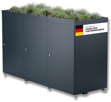 Metzler Mülltonnenbox 3er 240L in Anthrazit mit Pflanzdach | Für 3 Tonnen aus Aluminium rostfrei & abschließbar | Mülltonnenverkleidung außen mit höhenverstellbare Füße | Müllbox für Garten