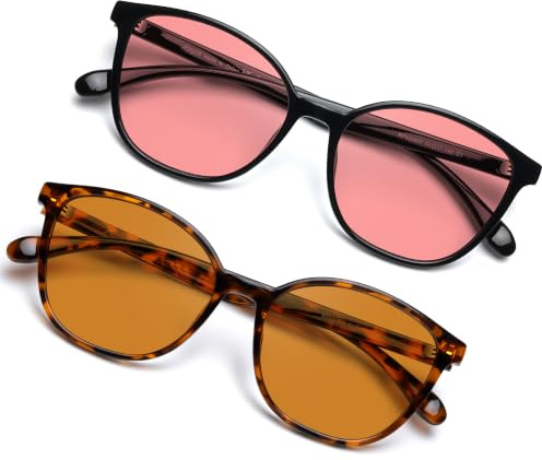 JFXQDR 2er Pack Migränebrille, FL-41 Rosa (Innen) & Braun (Außen) | UV400-Schutz, Anti-UV-Blendung und Ermüdung des Bildschirms, leichter Rahmen, TV-Handy, Gaming, Arbeit, täglicher Gebrauch