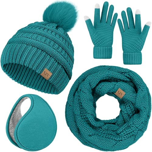 VZV 4-in-1 Winter-Set für Damen, Bommelmütze, Touchscreen-Handschuhe, Strickschal, Fleece-Ohrenschützer (Blaugrün, Einheitsgröße)