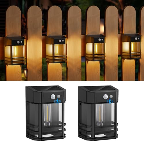 btfarm Solar Fence Lights Outdoor Garden Motion Sensor, 3 Modes Solar Wall Lights, 2 Pack Retro Solar Lights IP65 Waterproof for Garden Wall Patio Gate Decking, Warm White