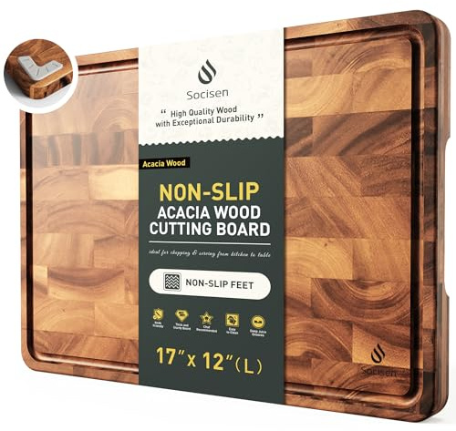 End Grain Cutting Board for Kitchen with Non-slip Feet, Acacia Wood