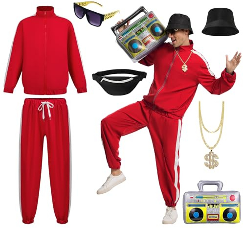 JDFAIJEAL Ensemble de costume Hiphop pour homme - Survêtement avec chapeau, lunettes, collier dollar doré, sac banane et ballon Boombox - Tenue hip-hop pour fête, Halloween, cosplay