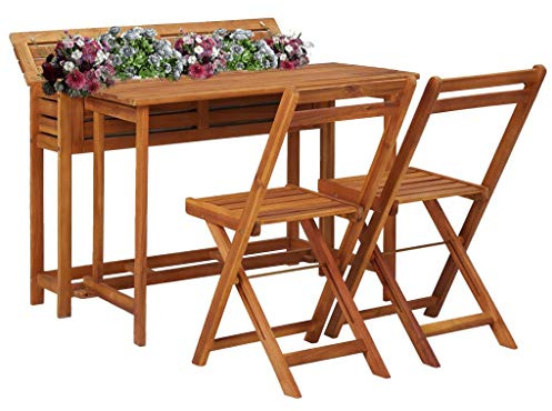 Gartentisch mit Hochbeet und 2 Stühlen, Massivholz Akazie, klappbare Bistrostühle für Terrasse, Garten und Balkon, braun, 100x65,5x72 cm