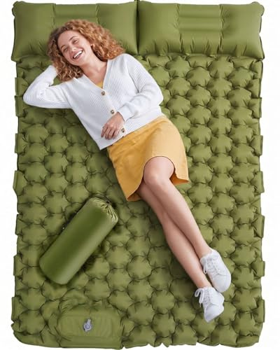 Isomatte Camping für 2 Personen, Verdicktes Aufblasbare Luftmatratze mit Fußpumpe & Kissen, 40D-Nylon Wasserdicht Camping Matratze Aufblasbar, für Reise, Outdoor, Kleines Packmaß, 200 x 125cm(Grün)