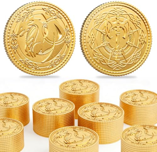 Byhoo Gold Coin 50 PCS, Dragon Yue Metal Coins for DND with PU Leather Pouch, Heavy Duty Zinc Alloy Double-Sided Dragon & Axe Relief Tokens, Fantasy Tabletop RPG Board Game Treasure