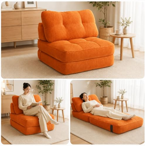 Guyii Schlafsofa Orange aus Rippenstoff, Faltbares Klappsofa mit Bettfunktion, Ausklappbares Bodensofa, Bequemes Lounge Sofa Bett Relaxsessel Gästebett für Wohnzimmer Schlafzimmer Büro