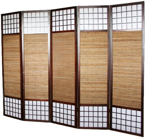 Paravent japonais en bois avec bambou de 5 panneaux -PEGANE-