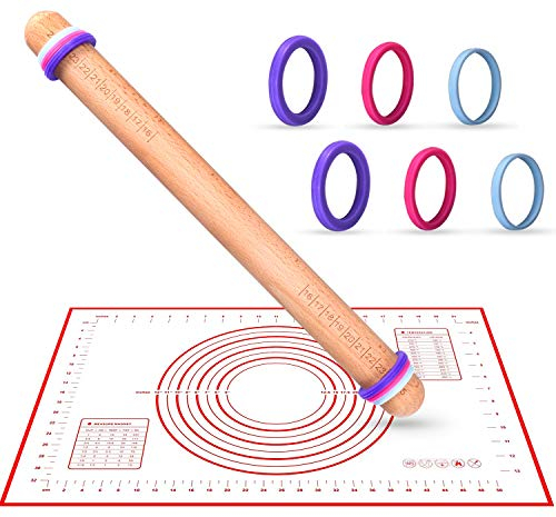 Set di mattarello con anelli di spessore e tappetino da forno in silicone, K KERNOWO 40,6 x 3,6 cm, mattarello in legno regolabile, kit con rullo per impasto e tappetino da pasticceria per cottura,