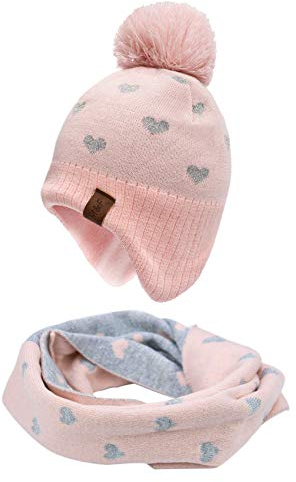 Foruhoo Jungen Wintermütze Beanie Hut, Mädchen Strickmütze Mütze mit Bommel (55, Rosa Set)