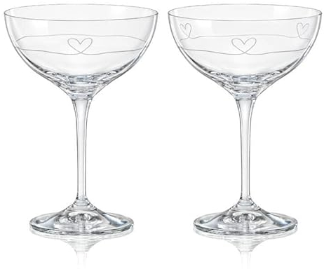 Crystalex Sektschale Coupe DIAMOND HEART Kristallgläser 2er Set mit zwei verschiedenen Eingravierungen