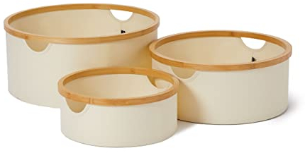 Lumaland Bambus-Rahmen Aufbewahrungsbox 3er Set rund | Boxen in den Maßen ø 45 x 20 cm, ø 38 x 16 cm und ø 30 x 12 cm [Beige]