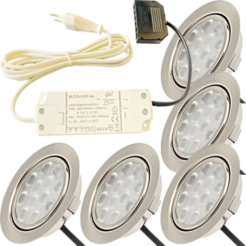 Rolux 5er Set LED Einbaustrahler Edelstahl gebürstet 15mm flach 3W warmweiß 3200K 200lm 12V inkl. 15W LED Trafo 230V und 1,8m Kabel je Leuchte für Wohnzimmer, Küche und Bad