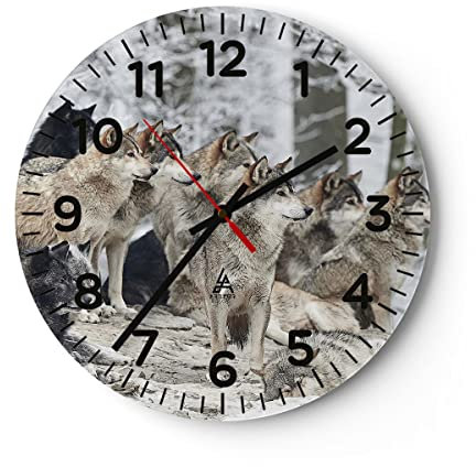 Modern Wanduhr Rudel Wölfe Winter 30x30cm Rund Klein Wand Uhr Glas Analog Zimmeruhren Küche Büro Wohnzimmer Glasuhr Wall Clock Dekoration Design Wanddekoration Küchenuhr C4AR30x30-4357