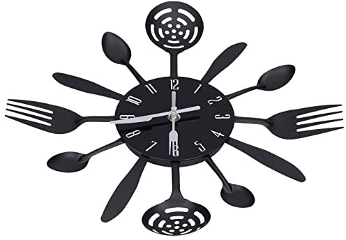 LIZEALUCKY Black Kitchen Wall Clock 3D Removable Creative Cutlery Kitchen Spoon Fork Wall Clock for Home Decoration