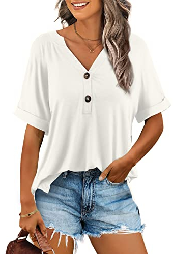 Beluring T Shirt Damen Tunika Sommer Kurzarm V-Ausschnitt Einfarbig Oberteile Weiß XL