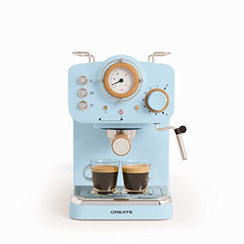 CREATE / THERA RETRO/Cafetera Express Semiautomática Azul Mate y Madera / 20 bares, brazo doble salida, depósito 1,25L, café molido y monodosis ESE 55mm, con vaporizador, 1100W