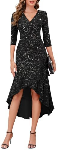 Berylove Kleid Herbst Damen Pailletten Kleid Damen Glitzer Kleid Damen Langarm Abendkleid Damen Elegant Ballkleider Damen Lang BLP7065 Black XL