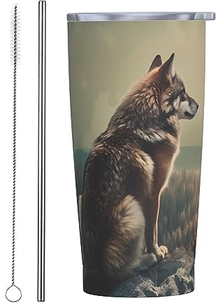 cfpolar Cool Wolf Thermobecher aus Edelstahl, isoliert, mit Deckel und Strohhalm, langlebig, für kalte und heiße Getränke, 590 ml