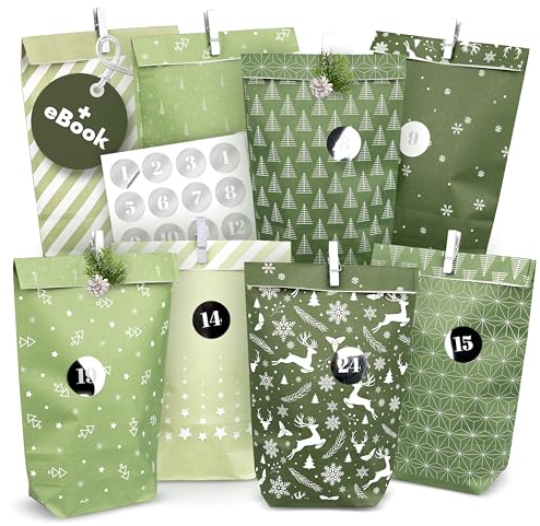 AMARI ® Adventskalender zum Befüllen - 24 Papier Adventstüten (mit Holzklammern) zum Basteln für Weihnachten - Papier Weihnachtstüten mit Zahlenaufkleber
