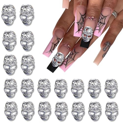INGJIA 20Pcs Schädel Nagel Nieten Legierung 3D Ghost Head Nail Art Strass Diamanten Edelsteine ??Dekoration für Halloween Fingernägel Zehennägel Design