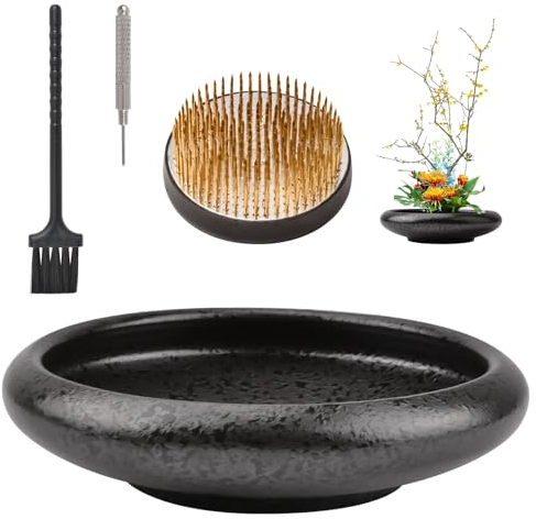 WANDIC Große Keramik-Blumenarrangement-Zubehör, tiefe runde Schale und 7 cm Blumenfrosch für Ikebana, schwarz gepunktete Keramikvase, Blumenarrangement