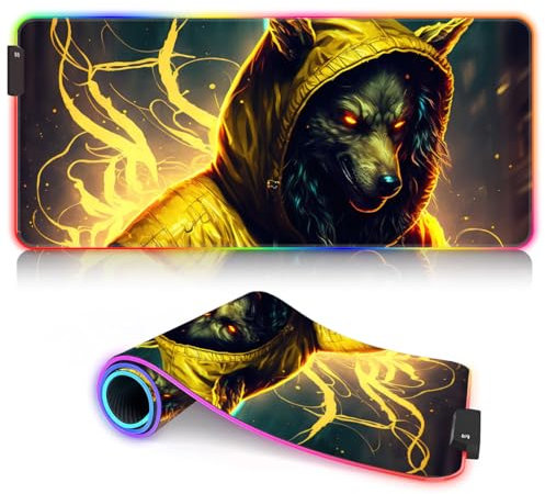 Tapis de Souris de Jeu RGB XXL Grand Tapis de Souris de Jeu LED 14 Modes d'éclairage 7 Couleurs Surface étanche Clavier étendu Tapis de Souris pour Ordinateur Gamer Street Wolf 40 x 90 cm