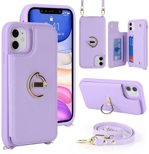 Zouzt for iPhone 11 6.1 Inch Wallet Case with Card Holder and Strap for Women, PU Leather Ring Kickstand Card Slots Case, Crossbody Lanyard Protective Phone Cover (Purple)