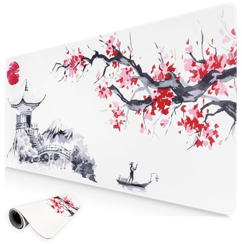 Niviy Alfombrilla Ratón Japanese Art Mouse Pad Grande 900X400mm con Bordes Cosidos Base de Goma Antideslizante Alfombrilla Escritorio Gaming Blanco
