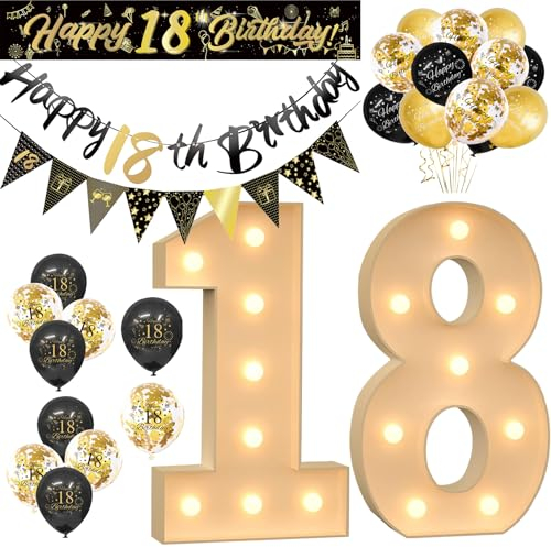 Happy Birthday Party Light Up Set for 18 years, Marquee Light Up Number + Bunting, Banner, Balloons, for Women Girls Birthday Party Decor 33 pcs, (100cm/3FT)