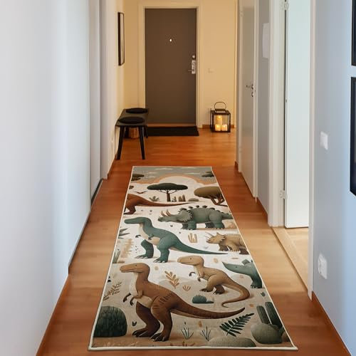 ABAKUHAUS Dinosaurier Dekorativer Teppich, Jurassic Szenario Cartoon, Hochwertiger Flächenteppich für Schlafzimmer und Wohnzimmer, 76x229 cm, Ingwer Olivengrün