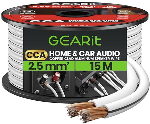 GearIT 14 Gauge 2x2.5mm² Speaker Cable CCA Wire (15m - White) Copper Clad Aluminum - Great for Hi-Fi Home Theater and Car Speakers - 14awg